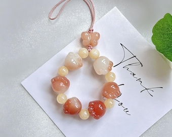 Cute cat paw beaded phone charm, natural gradient stone ring fingertip toy, kawaii bohemian style keychain accessory.