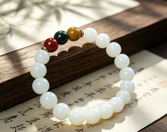 Hand-polished white bodhi seed single-ring bracelet, adorned with tricolor agate beads, brass spacer beads, stacked rosary bracelet.