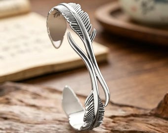 S925 sterling silver interwoven double-feather open bracelet, finely polished with wing texture, adjustable bracelet.