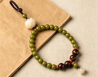 Green Bodhi Lotus Phone Wrist Strap, Hand-Carved Lotus with Brown Beads, Natural Stone Phone Lanyard