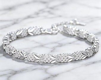 Retro Floral Cutout Silver Bracelet Thin Link Chain Adjustable Extension Chain Women Daily Jewelry