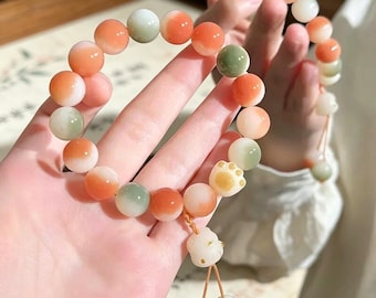 Gradient Pink Green Bodhi Cat Paw Bracelet, Chinese Cute Cat Bead Worry Stone Bracelet, Women Daily Stackable Jewelry Gift