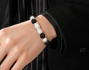 Lucky Pixiu Bracelet, 925 Sterling Silver Pixiu Pendant, Smooth Obsidian Beads, Wealth-Attracting Jewelry