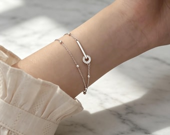925 Sterling Silver Beaded Bracelet For Women Double Layer Circle Charm Adjustable Chain Dainty Jewelry Gift