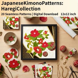 以下が含まれることがあります： JapaneseKimonoPatterns: HaregiCollectionと題されたデジタルコレクションで、30.48 x 30.48 cmサイズのシームレスパターンが20種類含まれています。画像には、白地に赤い椿の花と緑の葉が描かれており、黒と金の幾何学的な縁取りがアクセントになっています。