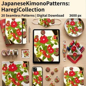 20 Japanese Haregi Kimono Patterns, Floral Digital Paper Pack, Seamless Celebration Background, Vintage Washi Paper for Scrapbook