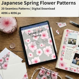 以下が含まれることがあります： グレーの背景にピンクの桜の模様が描かれたSpring 2024 Planningページを表示するデジタルタブレット。画面にはSpring 2024 Planning、Projects、Use stickersなどのテキストが表示されています。タブレットは文房具に囲まれています。