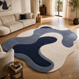 Abstract Area Rug, Irregular Wave Wavy Pattern, Blue Navy Cream Wool, Plush Hand Tufted, Modern Living Room Bedroom Art Rug, 6x9