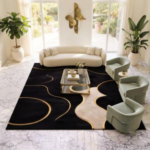 Modern Abstract Wool Rug, Hand Tufted Black And Gold Area Rug, Luxury Wavy Line Geometric Carpet For Living Room, Rectangular Large Rug,8x10