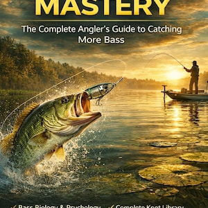 May include: Book cover for "Bass Fishing Mastery" featuring a largemouth bass leaping from water, a fishing lure in its mouth. A fisherman in a boat casts a line in the background. Text includes "The Complete Angler's Guide to Catching More Bass."