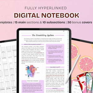 May include: A digital notebook displayed on three tablet screens, featuring 70 note templates, 15 main sections, 10 subsections, 30 bonus covers, and 10 colors. The central screen shows a page titled The Circulatory System with text and a heart diagram.