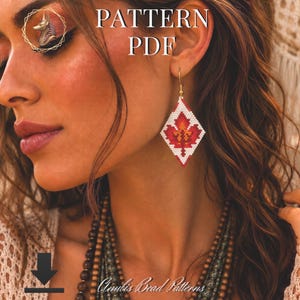 May include: A diamond-shaped beaded earring featuring a red and orange maple leaf design on a white background. The text PATTERN PDF is visible at the top, and the text Anubis Bead Patterns is at the bottom with a download arrow icon.