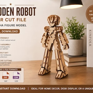 Puede incluir: Una figura de robot mecha de madera de color marrón claro con piezas entrelazadas. El texto en la imagen dice: WOODEN ROBOT LASER CUT FILE, 3D MECHA FIGURE MODEL, DIGITAL DOWNLOAD, ECO-FRIENDLY, EASY ASSEMBLY, PERFECT GIFT, PRECISE CUTTING, INCLUDES 3 FILE FORMATS, SVG, DXF, CDR, INSTANT DOWNLOAD.