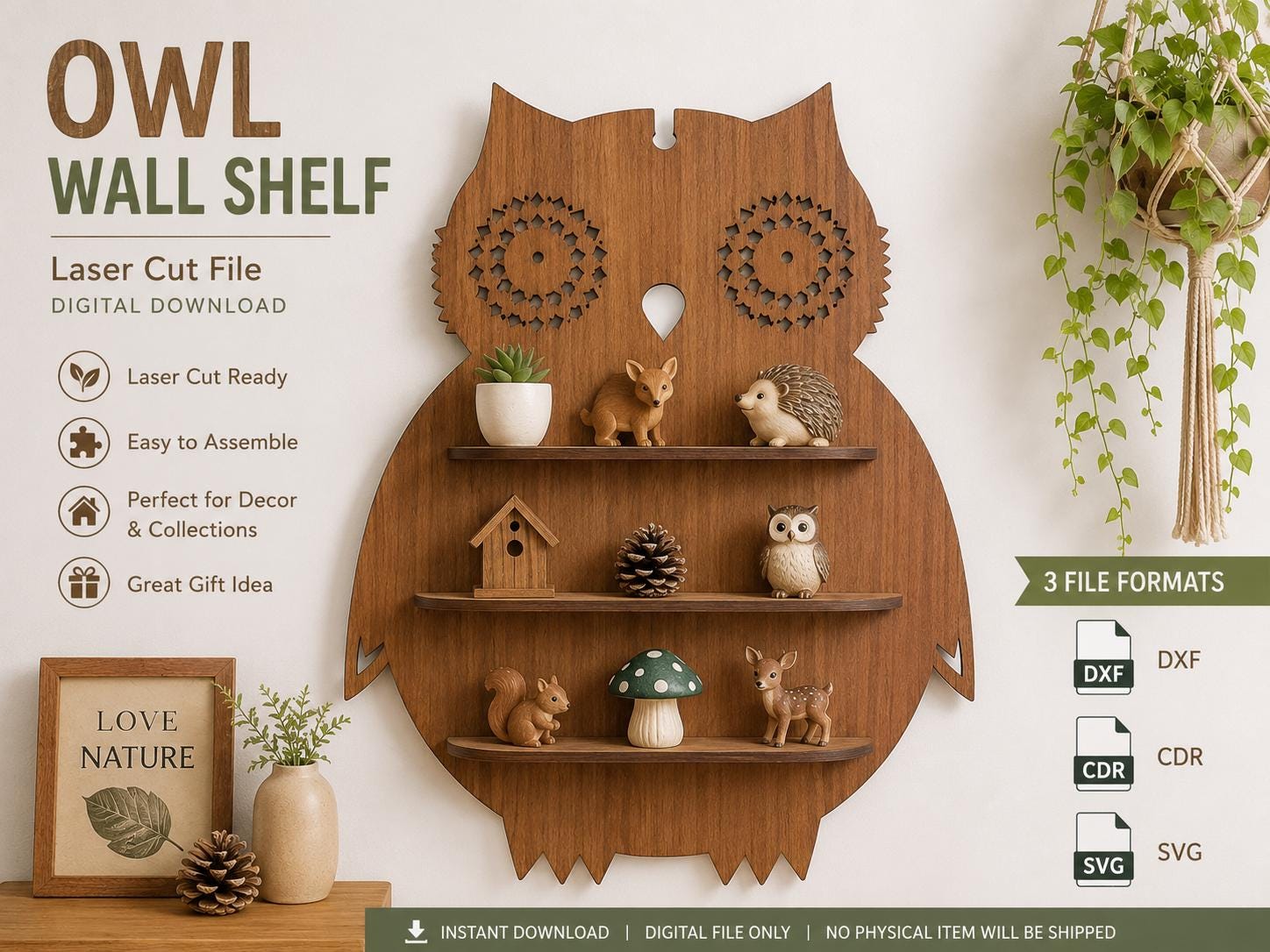 Owl Wall Shelf SVG, Laser Cut Owl Display Shelf, Wooden Animal Shelf Dxf CDR, Woodland Decor CNC Fil