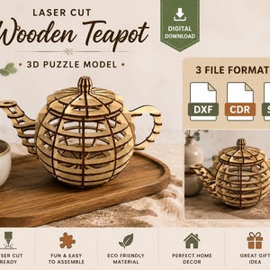 Può includere: Un modello di puzzle 3D a forma di teiera in legno tagliato al laser con un design sferico a listelli. Il download digitale include i formati di file DXF, CDR e SVG. Il legno chiaro presenta bordi scuri bruciati dal taglio laser, mostrando una struttura cava e scheletrica con coperchio, manico e beccuccio.
