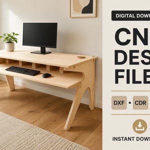 May include: A light-coloured wooden desk with a tiered design, featuring a main surface holding a computer monitor and a lower keyboard tray. The text reads DIGITAL DOWNLOAD, CNC DESK FILES, DXF, CDR, SVG, and INSTANT DOWNLOAD.