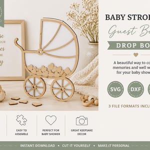 May include: A laser-cut wooden baby stroller drop box guest book featuring a white backing and small wooden hearts inside. The design includes text reading BABY STROLLER Guest Book DROP BOX, SVG, DXF, CDR, and icons for laser cut and assembly.