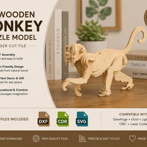 3D Wooden Monkey Puzzle SVG | Laser Cut Monkey Model | Dxf Cdr Svg Files | CNC Wood Animal | Glowforge Cut File | DIY Monkey Decor