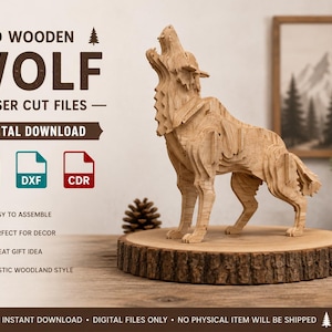 Könnte beinhalten: Eine 3D-Holzwolfskulptur aus geschichteten, lasergeschnittenen Teilen. Der Text auf dem Bild lautet 3D WOODEN WOLF LASER CUT FILES DIGITAL DOWNLOAD, SVG, DXF, CDR, EASY TO ASSEMBLE, PERFECT FOR DECOR, GREAT GIFT IDEA, RUSTIC WOODLAND STYLE, INSTANT DOWNLOAD.