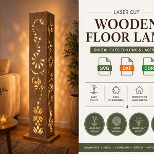 May include: A tall, rectangular wooden floor lamp with intricate laser-cut floral patterns that emit a warm glow. The right side displays digital file information including the text LASER CUT WOODEN FLOOR LAMP, SVG, DXF, and CDR file icons.