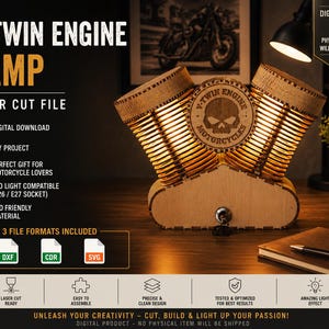 Peut inclure: Une lampe en bois découpée au laser en forme de moteur V-twin, dotée de deux boîtiers lumineux cylindriques et d'un emblème central circulaire avec un crâne et le texte V-TWIN ENGINE MOTORCYCLES. Fichier numérique incluant formats DXF, CDR et SVG.