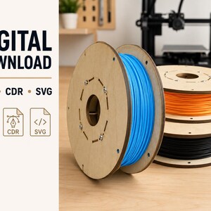 Peut inclure: Un ensemble de fichiers en téléchargement numérique aux formats DXF, CDR et SVG. L'image montre trois bobines circulaires en bois enroulées de filament d'imprimante 3D bleu, orange et noir, avec le texte DIGITAL DOWNLOAD DXF CDR SVG visible.