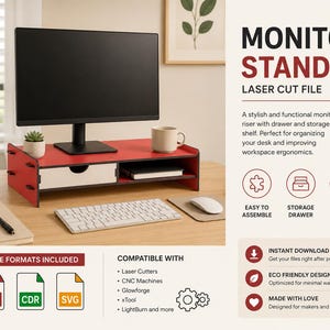 Monitor Stand SVG, Laser Cut Monitor Riser with Drawer, Wooden Desk Organizer CNC File, Dxf Cdr SVG, Digital Download