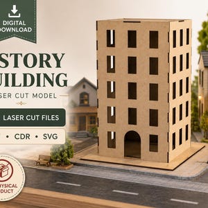 May include: A digital download laser cut model of a 5-storey building featuring a tan, rectangular structure with multiple rectangular window cutouts and an arched doorway. The text reads: DIGITAL DOWNLOAD, 5-STORY BUILDING, LASER CUT FILES, DXF, CDR, SVG, NO PHYSICAL PRODUCT.