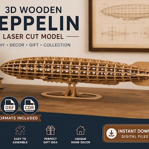 3D Wooden Zeppelin Puzzle SVG|Laser Cut Airship Model |DIY Blimp Skeleton CNC Files |Dxf Cdr Svg | Glowforge - Laser Cutter Instant Download