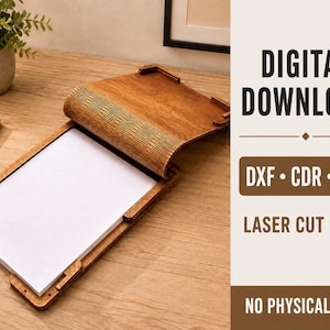 May include: A wooden clipboard with a flexible, slatted top section holding a stack of white paper. The text on the right reads DIGITAL DOWNLOAD, DXF • CDR • SVG, LASER CUT FILES, and NO PHYSICAL ITEM. The clipboard has a brown finish.