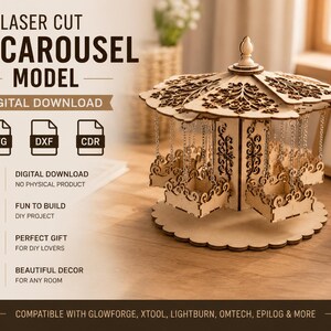 3D houten carrousel-SVG | Lasergesneden draaimolenmodel | Dxf-cdr-bestanden | CNC en glowforge | Digitale download van doe-puzzel