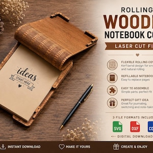 May include: A wooden notebook cover with a flexible rolling design and a refillable interior. The cover features laser-cut details and rests on a surface next to a black pen. Text on the cover reads ideas START HERE. Digital file information is displayed.