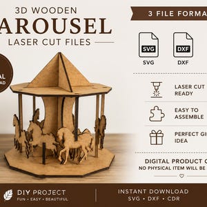 May include: A 3D wooden carousel laser cut file digital download. The image displays a light brown wooden carousel model with horses, alongside text indicating 3 file formats including SVG, DXF, and CDR, and notes that it is a digital product.