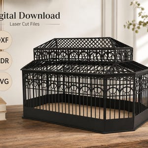 Puede incluir: Una estructura de invernadero en miniatura de color negro cortada con láser, con un techo de varios niveles y detalles de ventanas arqueadas. La imagen incluye el texto Digital Download, Laser Cut Files, DXF, CDR y SVG, indicando archivos.
