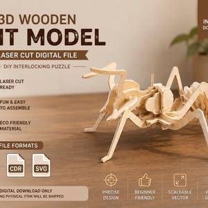 May include: A 3D wooden ant model, a laser cut digital file for a DIY interlocking puzzle. The image features text including 3D WOODEN ANT MODEL, LASER CUT DIGITAL FILE, DIY INTERLOCKING PUZZLE, 3 FILE FORMATS, DXF, CDR, SVG, and DIGITAL DOWNLOAD ONLY.