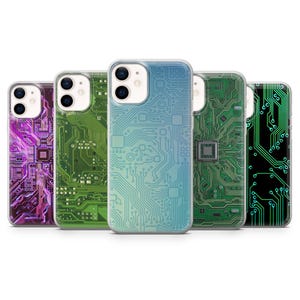 May include: Five smartphone cases arranged in a row, each featuring a distinct electronic circuit board pattern. The designs include purple, light green, blue, dark green, and black with neon green lines, all showcasing intricate microchip layouts.