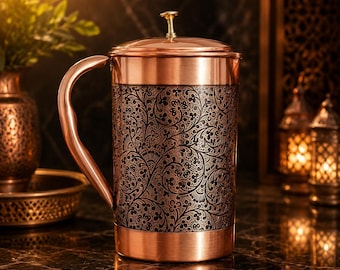 Antique Finish Pure Copper Pitcher – Handcrafted Floral Engraved Water Jug, Vintage Serving Carafe