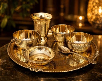 Handcrafted Brass Embossed 7 PC Dinner Set – Engraved Thali Tableware, Luxury Indian Dining Collection