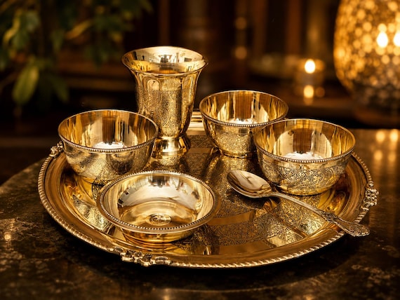 Handcrafted Brass Embossed 7 PC Dinner Set | Engraved Brass Thali Set | Traditional Indian Tableware | Luxury Dining & Wedding Gift