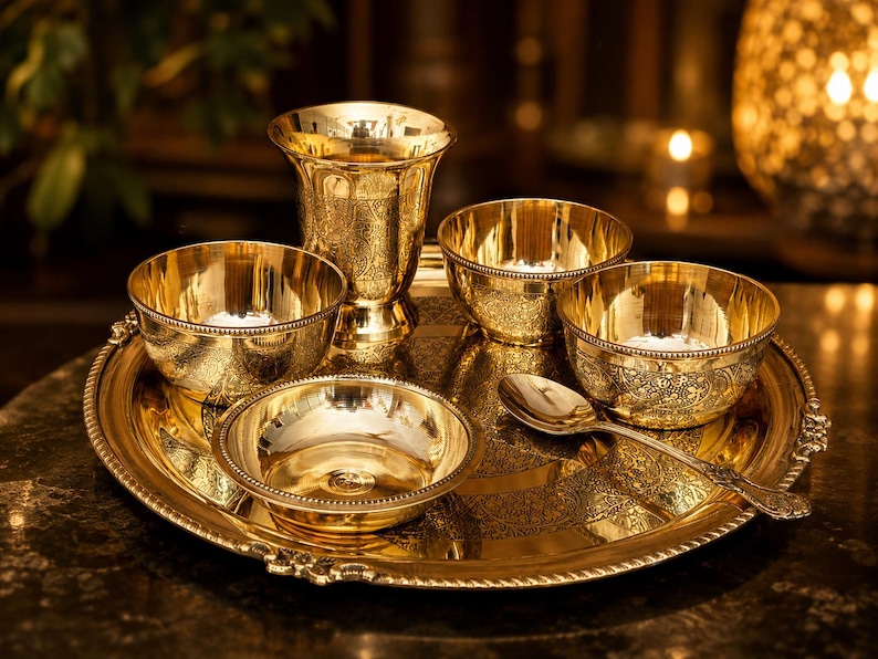 May include: A polished brass dining set consisting of a large round serving tray with a beaded edge, three small bowls with intricate floral engravings, a tall flared cup with matching patterns, and a single spoon resting on the tray surface.