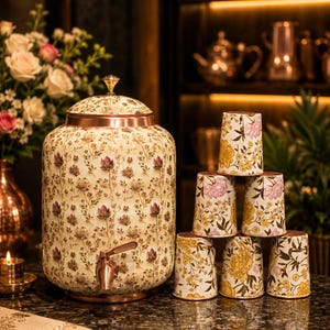 May include: A large cylindrical beverage dispenser with a copper base, lid, and spigot, featuring a cream-colored exterior with a repeating floral pattern in pink and yellow. Beside it are six matching cylindrical cups stacked in a pyramid.