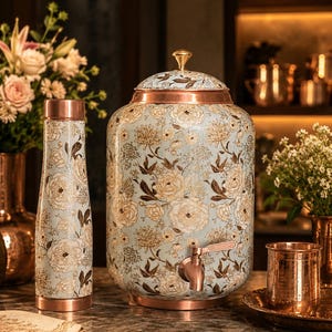 May include: A cylindrical copper water dispenser with a spigot and a matching copper water bottle, both featuring a light blue background with a detailed white and gold floral pattern. The dispenser has a domed lid with a small gold knob.