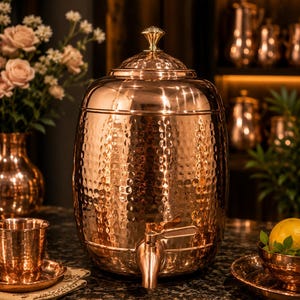 May include: A large, cylindrical copper water dispenser featuring a hammered texture, a polished finish, and a matching lid with a small, pointed finial. The dispenser includes a functional metal spigot at the base for dispensing liquid.