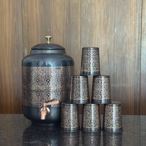 Antique Embossed Pure Copper Water Pot Dispenser with Brass Tap | Handcrafted Indian Copper Matka | Traditional Water Storage Vessel