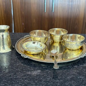 Handcrafted Brass Embossed 7 PC Dinner Set | Engraved Brass Thali Set | Traditional Indian Tableware | Luxury Dining & Wedding Gift image 5