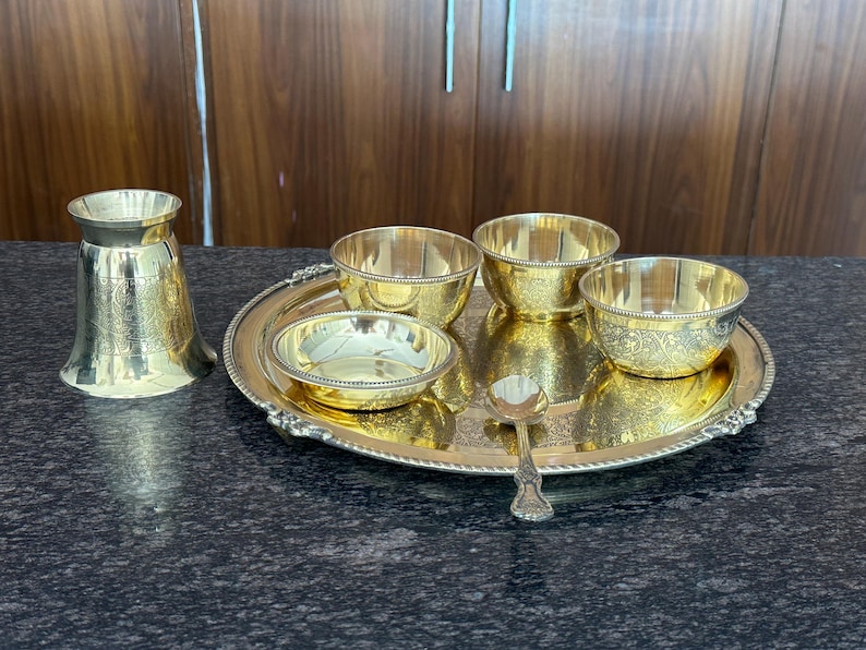 Handcrafted Brass Embossed 7 PC Dinner Set | Engraved Brass Thali Set | Traditional Indian Tableware | Luxury Dining & Wedding Gift image 5