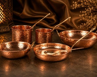 Handmade Hammered Copper Cookware Set | Brass Handle Fry Pan, Sauce Pan, Kadhai