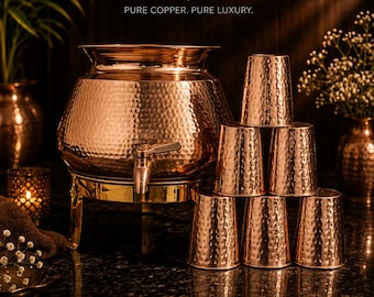 Hammered Pure Copper Water Pot Dispenser with Tap and Stand (6L, 9L)