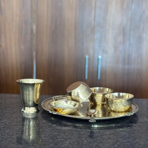 Handcrafted Brass Embossed 7 PC Dinner Set | Engraved Brass Thali Set | Traditional Indian Tableware | Luxury Dining & Wedding Gift image 3