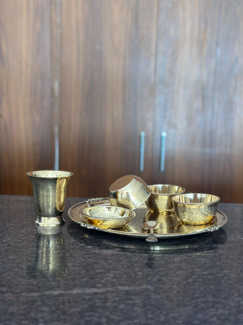 Handcrafted Brass Embossed 7 PC Dinner Set | Engraved Brass Thali Set | Traditional Indian Tableware | Luxury Dining & Wedding Gift image 3